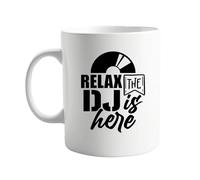 signkitsuk Relax The DJ is Here Funny 11oz Mug - Humorous Coffee Cup for DJs, Music Lovers, Club Enthusiasts - Unique DJ-Themed Present for Birthday, Christmas, Office, and Home Use