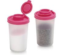 SIGNORAWARE Salt and Pepper Shakers Moisture Proof Set of 2 Large Salt Shaker to go Camping Picnic Outdoors Kitchen Lunch Boxes Travel Spice Set Clear with Red Covers Lids Plastic Airtight Dispenser