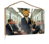 Signs and Plaques A Cat in A Suit Stands On A Subway Train, Holding onto A Pole Hanging Wall Decor Sign Love Signs for Home Decor(23X35CM)