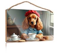 Signs and Plaques A Dog Dressed in A Blue Dress with Buttons, Sitting At A Table with A Cup of Tea and Cookies Hanging Wall Decor Sign Love Signs for Home Decor(20X30CM)