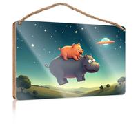 Signs and Plaques A Pig Rides On A Hippo's Back Under A Starry Sky Hanging Wall Decor Sign Love Signs for Home Decor(20X30CM)