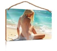 Signs and Plaques A Woman in White Shorts Sits On The Beach with Waves Crashing Behind Her Hanging Wall Decor Sign Love Signs for Home Decor(15X28CM)