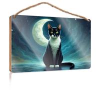 Signs and Plaques Black Cat Under The Moonlit Sky Wooden Sign Desk Accessories for Men Porch Decor(15X28CM)