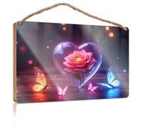 Signs and Plaques Love in Bloom: A Heart-Shaped Rose with Butterflies Wooden Sign Desk Accessories for Men Porch Decor(15X28CM)