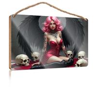 Signs and Plaques Tattooed Angel with Black Wings and Skulls Hanging Wall Decor Sign Love Signs for Home Decor(23X35CM)