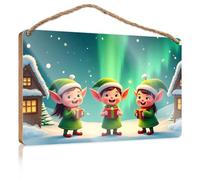 Signs and Plaques Three Elves Holding Colorful Presents in A Snowy Landscape Hanging Wall Decor Sign Love Signs for Home Decor(15X28CM)
