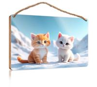 Signs and Plaques Two Cute Kittens Sitting On Snowy Mountains Hanging Wall Decor Sign Love Signs for Home Decor(15X28CM)