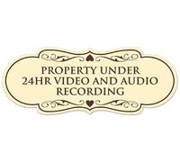 Signs ByLITA Designer Property Under 24hr Audio and Video Recording Sign - Easy Installation | Durable Wall or Door Sign (Ivory/Dark Brown) - Small