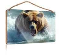 Signs for Front Door A Fierce Brown Bear Charging Through Water with an Open Mouth Displaying Sharp Teeth Wooded Sign Country Decorations for Home Family Wall Decor(15X28CM)