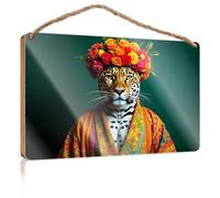 Signs for Front Door A Tiger Wearing A Colorful Floral Crown and Vibrant Robe Wooded Sign Country Decorations for Home Family Wall Decor(20X30CM)