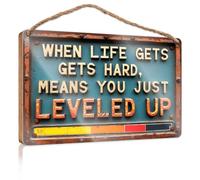 Signs for Home Decor Level Up When Life Gets Hard Wooden Sign Sign for Front Door Indie Room Decor(20X30CM)