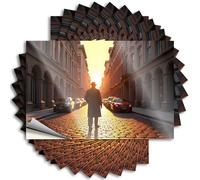 Signs For Man Cave Man In Trench Coat Walking Down Cobblestone Street At Sunset Stickers 10Pcs Outdoor Signs And Decor Decaor Sign(8X12CM)