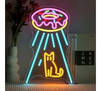 SIGNSHIP Neon Cat Space Ship Dimmable LED Panel Wall Decor Donuts UFO Space Ship Cat Led Neon Sign Sign Light for Dessert Shop Kitchen Bedroom