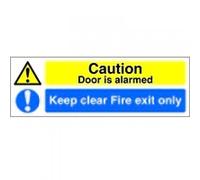 SIGNSLAB SR72031 Safety Sign "Caution Door Is Alarmed Keep Clear Fire Exit Only", Self-Adhesive, 150 mm x 450 mm
