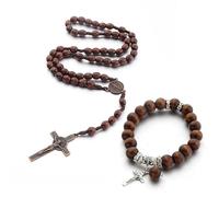 SIGONE 2 Piece Handmade Wood Catholic Rosary Beads Necklace with Saint Benedict Medal and Cross Durable Quality Pinewood Unique Texture