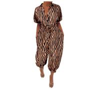 SIGOYI Animal Print Jumpsuit Ladies Plus Size Sexy Button Up Playsuit Baggy Short Sleeve Bloomers Romper with Pockets Coffee