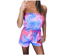 SIGOYI Bandeau Jumpsuit Ladies Short Sexy Tie Dye Ruched Romper Teen Girls Sleeveless Summer Romper Playsuit with Pockets Blue