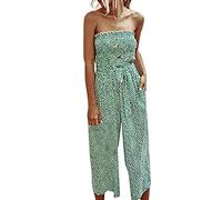 SIGOYI Bandeau Jumpsuit Women Elegant Dot Print Cropped Wide Leg Playsuit Summer Button Detail Loose Romper with Pockets Green