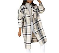 SIGOYI Checked Fleece Jacket Womens Shacket Boyfriend Long Sleeve Shirt Fall Winter Baggy Lapel Warm Cardigan Trench Coat
