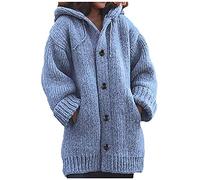 SIGOYI Chunky Knitted Jumper Women Long Hooded Coat Plus Size Solid Colour Sweater Button Front Cardigan Jacket S-5XL