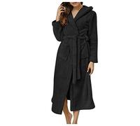 SIGOYI Fleece Dressing Gown Women Fluffy Fuzzy Bear Hooded Robe Plain Long Bathrobe Thick Plush Nightdress Warm Sleepwear Black