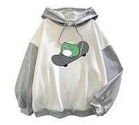 SIGOYI Frog Hoodie for Women Skateboard Print Anime Hooded Sweatshirt Teen Girls Cute Loose Stitching Pullover Tops A-Grey