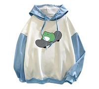 SIGOYI Frog Hoodie for Women Skateboard Print Anime Hooded Sweatshirt Teen Girls Cute Loose Stitching Pullover Tops, A-blue, M