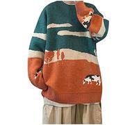 SIGOYI Knitted Jumper for Women Landscape Print Crew Neck Sweater Winter Trendy Long Sleeve Pullover Warm Loose Knitwear Orange