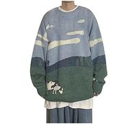 SIGOYI Knitted Jumper for Women Landscape Print Crew Neck Sweater Winter Trendy Long Sleeve Pullover Warm Loose Knitwear Gray