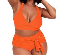 SIGOYI Plus Size Bikini Sets Women High Waist Push Up Bikini Top and Bottom with Bowknot Plain Sexy Swimming Costume Two Piece Orange