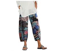 SIGOYI Plus Size Linen Trousers for Women Loose Cropped Pants High Waisted Floral Print Baggy Harem Trousers Summer S-5XL A-Blue