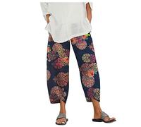SIGOYI Plus Size Linen Trousers for Women Loose Cropped Pants High Waisted Floral Print Baggy Harem Trousers Summer S-5XL A-Black