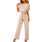 SIGOYI Straight Leg Jumpsuit Women Elegant Short Sleeve Summer Playsuit Lace Up Round Neck Romper for Wedding Guests Beige