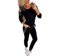 SIGOYI Tracksuit Womens Set With Faux Pearl Decorated Cold Shoulder Sweatshirt & Slim Joggers Trendy Sportwear Casual Sweatsuit