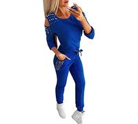 SIGOYI Tracksuit Womens Set With Faux Pearl Decorated Cold Shoulder Sweatshirt & Slim Joggers Trendy Sportwear Casual Sweatsuit