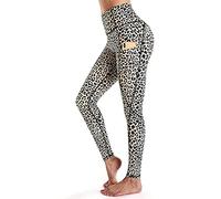 SIGOYI Womens Leggings with Pocket High Waist Animal Print Scrunch Legging Tummy Control Stretchable Gym Yoga Pants Beige