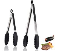 SiHuiTu Kitchen Tongs 9 & 12inch Silicone Tip Silicone Non Stick Tongs for Air Fryer, Steel Tongs with Locking Clip, Heat Resistant, Food Grade, 2pcs, Black, Small