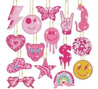 Siifert 15 Pcs Preppy Diamond Painting Keychain Pink Diamond Art Ornaments DIY Smile Lightning Face Leopard Glasses Diamond Art Keychains Diamond Key Chain Kit for Adult Kids Women Girl Beginner Gift