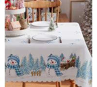 Siilues Christmas Tablecloth 52x70 Inch Rectangle, Blue Vintage Snowflake Snowman Table Cover Seasonal Winter Scalloped Edge Waterproof Dining Table Cloth Home Party Decor