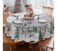 Siilues Christmas Tablecloth 70x70 Inch Round, Vintage Christmas Tree Snowman Deer Table Cover Seasonal Winter Scalloped Edge Waterproof Dining Table Cloth Home Party Decor