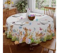 Siilues Round Easter Tablecloth 70x70 Inch, Washable Colorful Butterfly Eggs Floral Bunny Easter Table Cloth Spring Waterproof Scalloped Edge Fabric Home Party Picnic Dining Table Cover Decorations