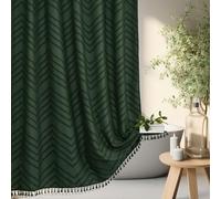Siiluminisoy Boho Extra Long Dark Green Shower Curtain With Tassel, Woven Fabric, Tufted Chevron Striped, 72 x 78, Modern Chic Textured Minimalist Bathroom Decor