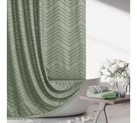 Siiluminisoy Boho Shower Curtain with Tassel Woven Fabric Sage Green 72 x 72 Modern Farmhouse Textured Tufted Chevron Striped Minimalist Bathroom Set with Hooks
