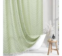 Siiluminisoy Boho White Tassel Shower Curtain - Woven Fabric Sage Green 72 x 72 - Modern Farmhouse Textured Tufted Chevron Striped Minimalist Bathroom Decor