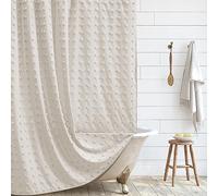 Siiluminisoy Extra Long Beige Boho Shower Curtain Woven Fabric Cute Shower Curtain, 72 x 96 Tufted Pleat Floral Puffs Textured Modern Farmhouse Minimalist Shower Curtain Set with Hooks for Bathroom