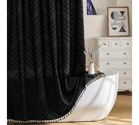 Siiluminisoy Extra Long Black Boho Shower Curtain with Tassel, Woven Fabric 72 x 90, Tufted Chevron Striped, Modern Chic Textured Minimalist