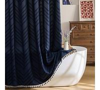 Siiluminisoy Extra Long Boho Navy Blue Chevron Shower Curtain, Woven Fabric 96 in, 72 x 96, Tufted Striped Modern Chic Textured Cloth Shower Curtain Minimalist Bathroom Decor