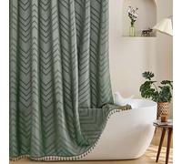 Siiluminisoy Extra Long Boho Shower Curtain with Tassel, Woven Fabric, 84 Inches, Tufted Chevron Stripe, 72" x 84", Modern, Chic, Textured, Minimalist, Bathroom Shower