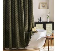 Siiluminisoy Extra Long Olive Green Boho Shower Curtain with Tassel, Woven Fabric 84 in Shower Curtain, Tufted Chevron Striped, 72 x 84, Modern Chic Textured Minimalist Bathroom Shower