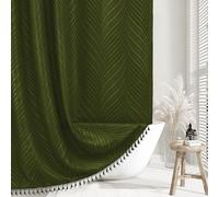 Siiluminisoy Extra Long Olive Green Boho Woven Fabric Cute 84 Inch Shower Curtain, 72 x 84 Tufted Leaves Textured Striped Modern Farmhouse Minimalist Cloth Shower Curtain for Bathroom